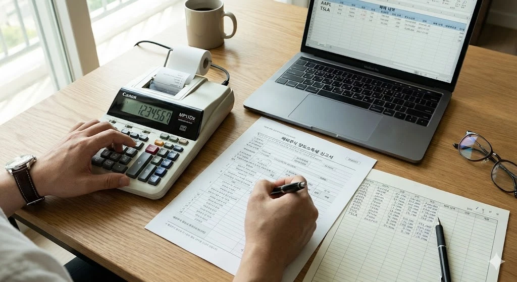 세금 계산기를 두드리며 해외주식 양도소득세 신고서를 작성하는 투자자의 손