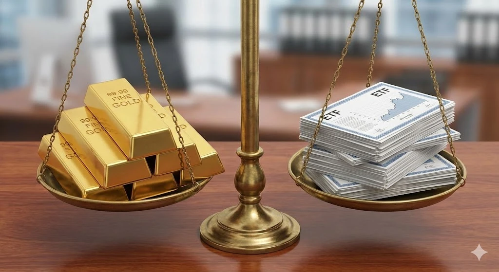 실물 KRX 금 현물 계좌 투자와 ETF 투자의 장단점을 비교하는 저울