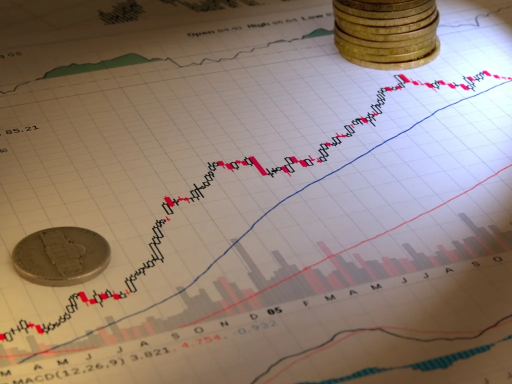 전환증권 차익거래 : 파동이 크고 역동적인 주식 차트와 이를 분석하는 전문가의 모니터 화면