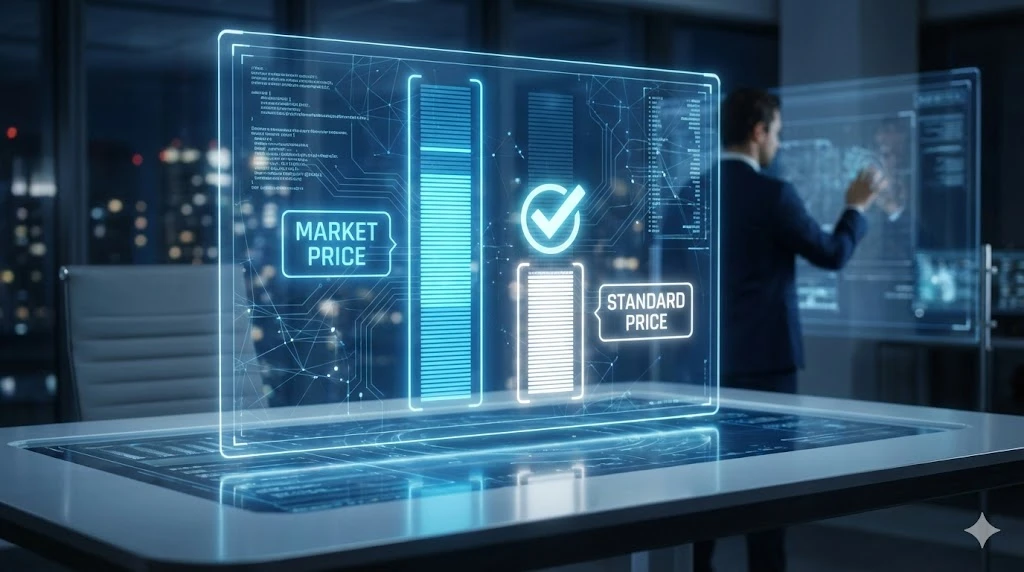 ETF 세금에서 파란색과 흰색의 미래형 홀로그램 인터페이스에서 'Market Price'(높은 막대)와 'Standard Price'(낮은 막대)를 비교하는 금융 데이터 시각화. 빛나는 체크 표시가 더 낮은 'Standard Price' 막대를 선택하고 있음을 보여준다.