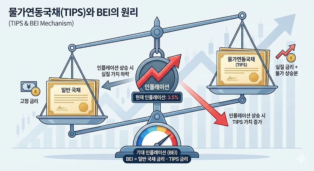 저울의 한쪽에는 일반 국채가, 다른 쪽에는 물가연동국채가 놓여 있고 인플레이션 수치에 따라 균형이 움직이는 이미지