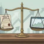 저울의 한쪽에는 전환증권 증서가, 다른 쪽에는 주식 차트가 놓여 균형을 이루고 있는 일러스트