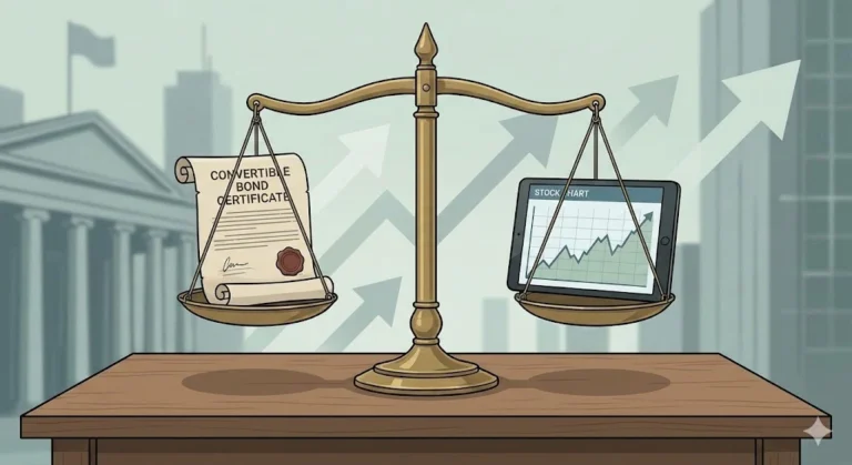 저울의 한쪽에는 전환증권 증서가, 다른 쪽에는 주식 차트가 놓여 균형을 이루고 있는 일러스트
