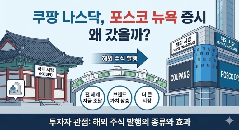 주식 예탁 증서 DR : 쿠팡, 포스코의 해외 증시 상장 이유와 효과를 담은 썸네일. 국내에서 해외 시장으로의 진출을 다리로 표현하고, 자금 조달, 브랜드 상승, 시장 확대 효과를 아이콘으로 설명한다.