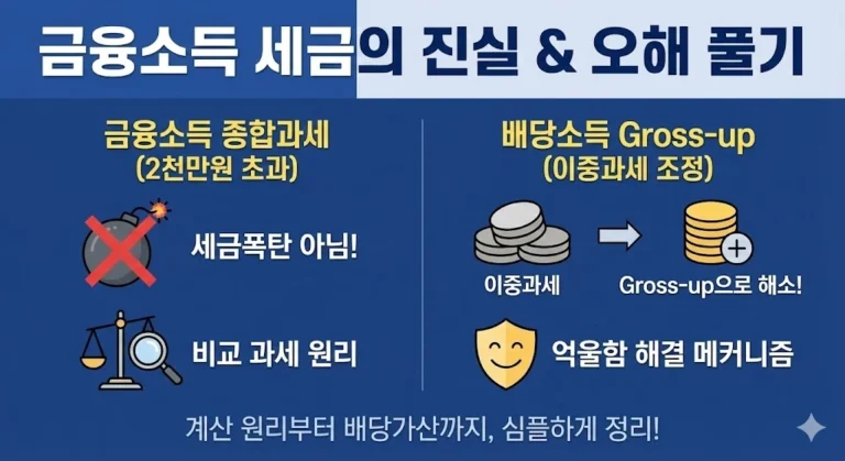 금융소득 종합과세 시 적용되는 세액계산 특례(일반산출세액 vs 비교산출세액)를 분석하고, 배당소득 이중과세 조정을 위한 Gross-up 제도의 원리와 계산 방법을 정리합니다.