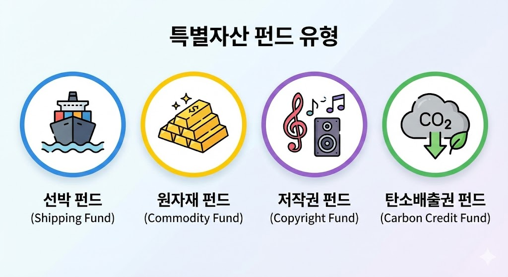 특별자산펀드 : 선박, 금괴, 음악 음표, CO2 구름 아이콘이 각각의 펀드 유형을 상징하며 나열된 이미지