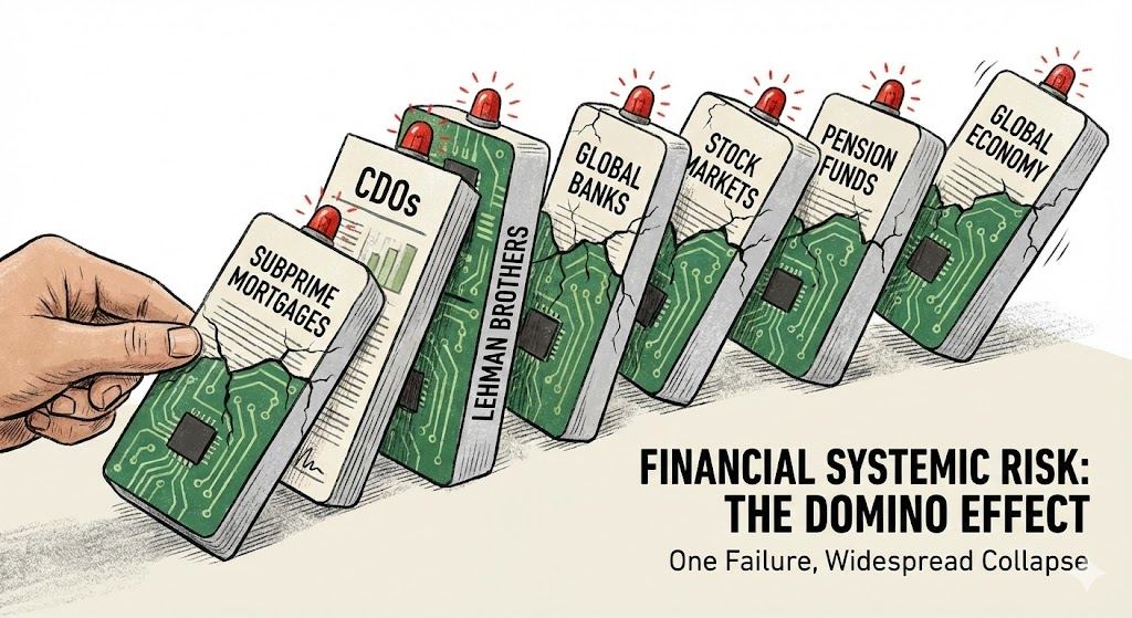 하나의 금융 상품 부실이 도미노처럼 연결된 다른 상품들을 쓰러뜨리는 위험성 경고 일러스트