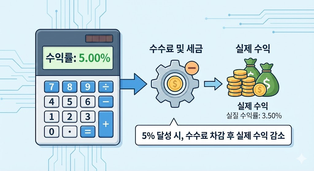 수익률 5% 달성 시 수수료가 차감되어 실제 수익이 줄어드는 과정을 도식화한 이미지