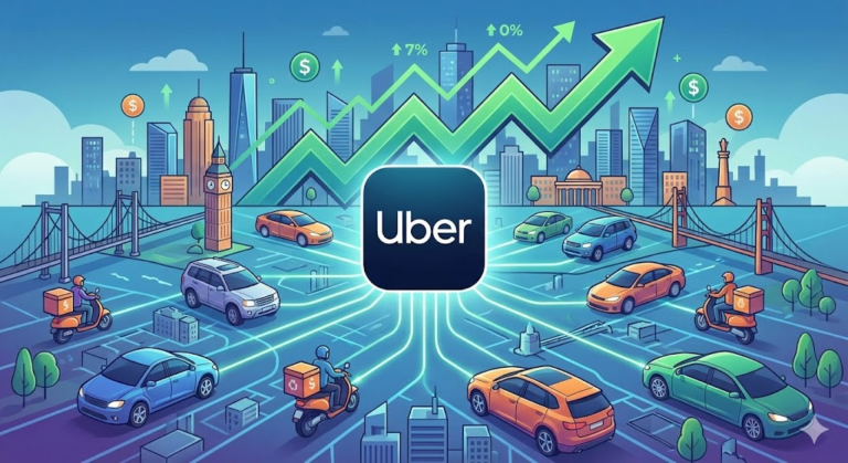 우버 UBER 앱을 중심으로 차량과 배달 오토바이가 도시를 연결하는 일러스트, 상승하는 그래프 배경