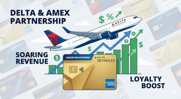 델타 항공 DAL의 비행기와 상승하는 재무 그래프 및 신용카드 파트너십 일러스트
