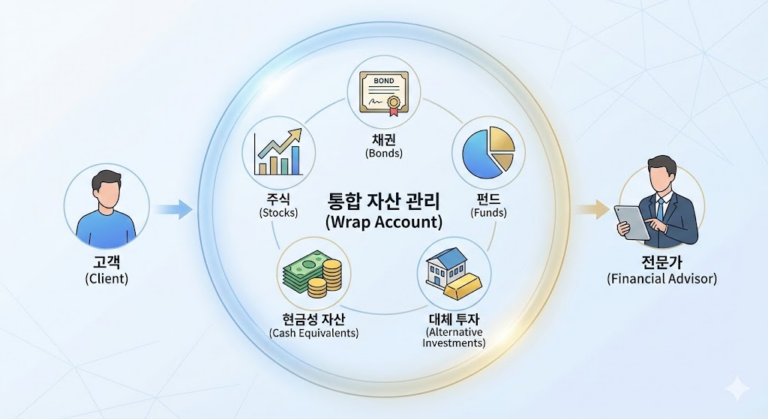 랩 어카운트 : 고객의 자산을 다양한 투자 상품으로 구성하여 하나의 원으로 감싸는 구조도