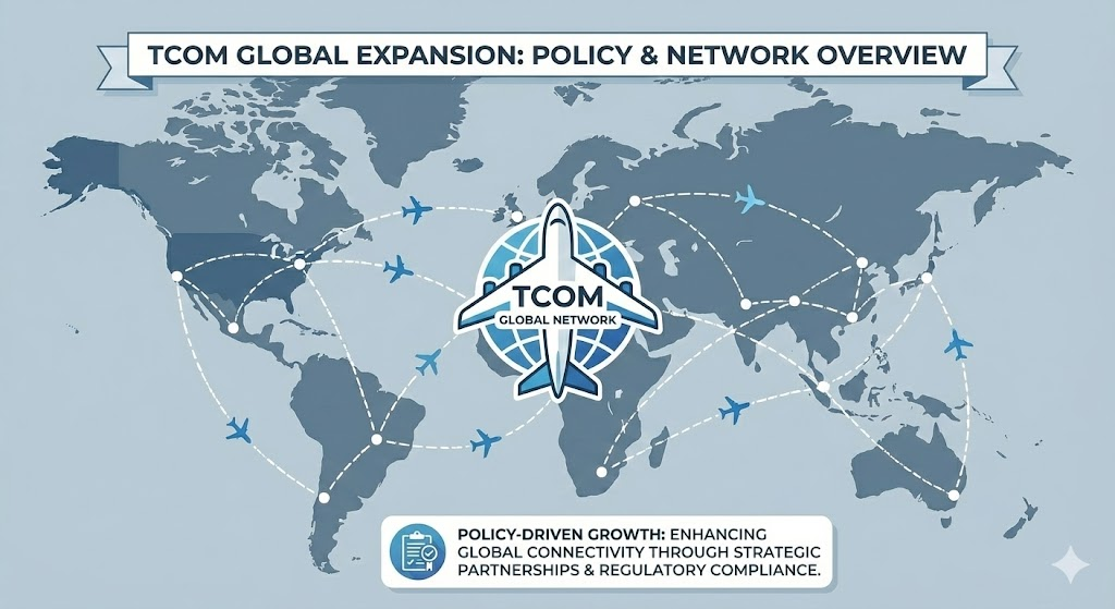 TCOM : 세계 지도 위에서 연결되는 트립닷컴 네트워크와 비행기 일러스트