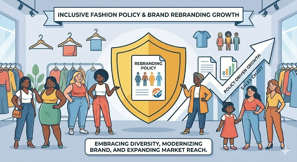 다양한 인종과 체형의 모델들이 웃고 있는 매장 모습과 상승하는 매출 그래프