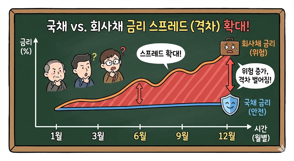 CSO :국채 금리와 회사채 금리의 격차(스프레드)가 벌어지는 모습을 시각화한 차트