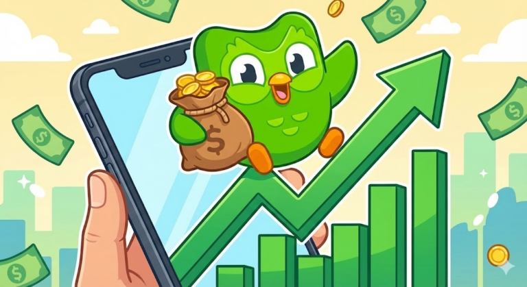 듀오링고 DUOL의 마스코트 부엉이가 상승하는 주가 그래프 위에서 수익을 상징하는 금화 주머니를 들고 있는 일러스트