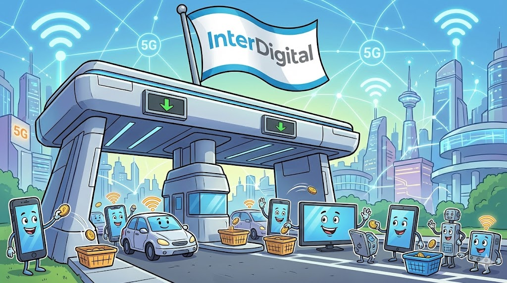 인터디지털 IDCC : 스마트폰과 자율주행차 등 다양한 기기로부터 특허 사용료를 받는 모습을 톨게이트에 비유한 카툰 일러스트