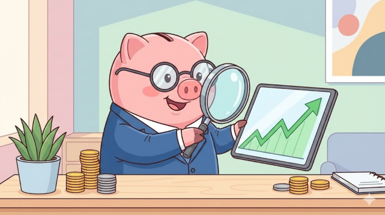 CMA : 정장 입은 돼지 저금통이 우상향 그래프와 쌓이는 동전을 보고 있는 카툰 일러스트