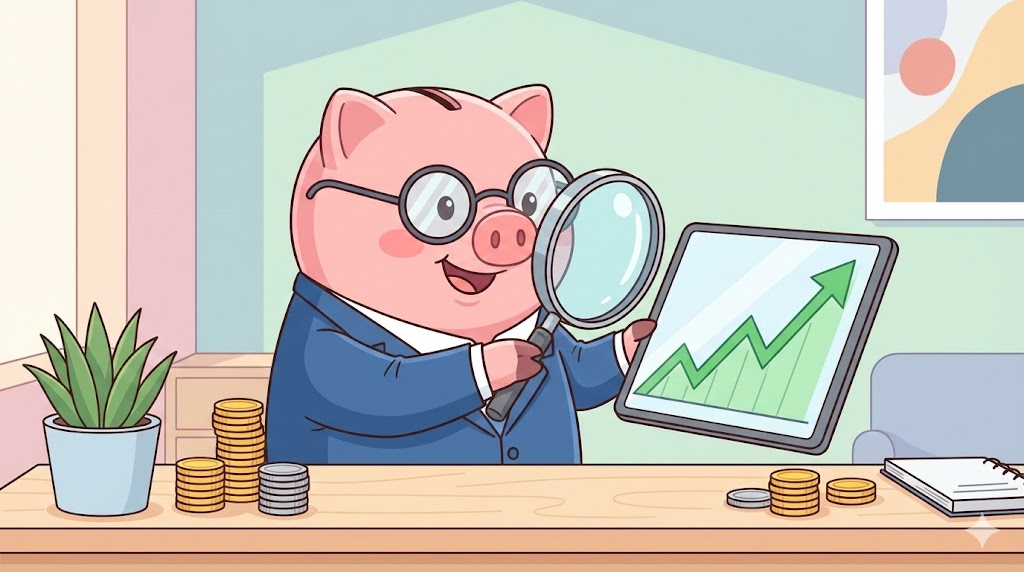CMA : 정장 입은 돼지 저금통이 우상향 그래프와 쌓이는 동전을 보고 있는 카툰 일러스트