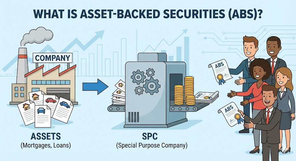 기업의 자산이 SPC를 통해 자산유동화증권ABS 으로 변환되어 투자자에게 전달되는 과정을 설명하는 일러스트