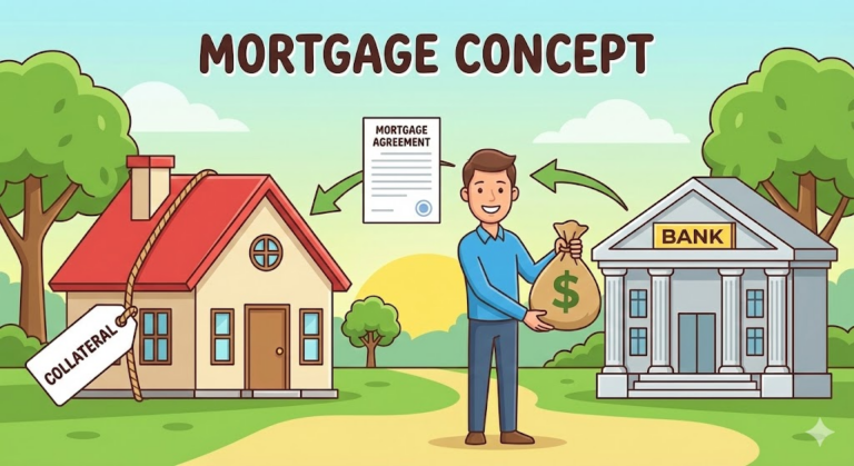 Mortgage : 집을 담보로 은행에서 돈을 빌리는 카툰 일러스트