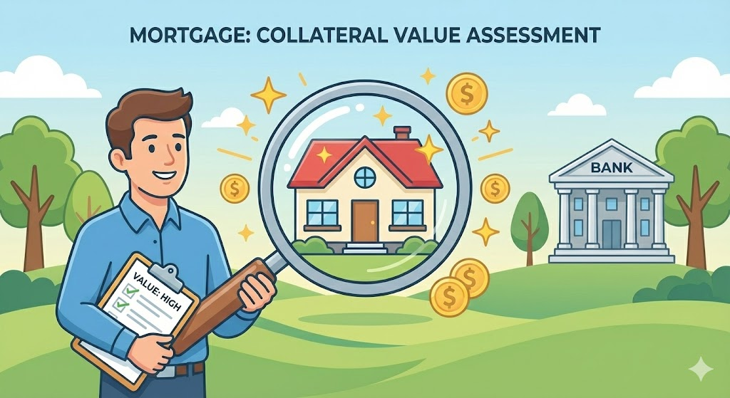 은행원이 돋보기로 집의 가치를 평가하는 카툰 일러스트