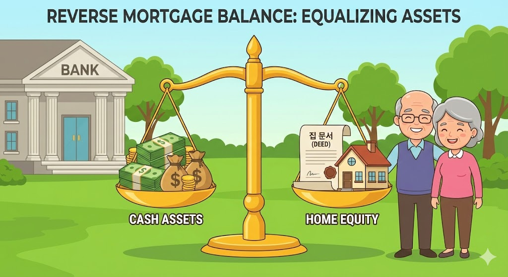 저울의 양쪽에 현금 뭉치와 집 문서가 놓여 균형을 맞추는 카툰 일러스트