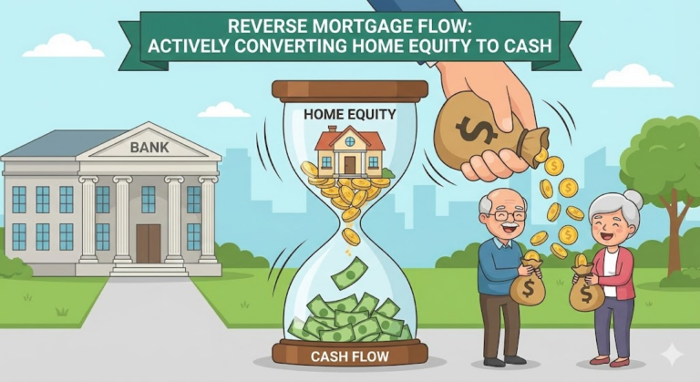 역모기지 : 모래시계를 뒤집어 집에서 동전이 쏟아지는 모습을 표현한 카툰 일러스트