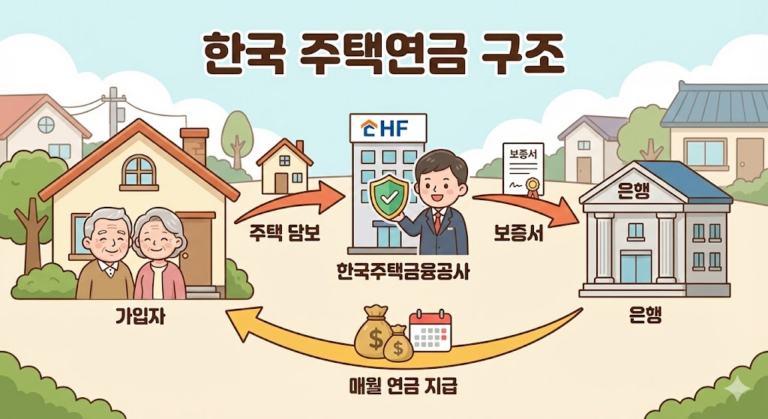 한국주택연금구조 : 가입자, 한국주택금융공사, 은행 세 주체가 연결되어 연금이 지급되는 구조를 표현한 카툰 일러스트