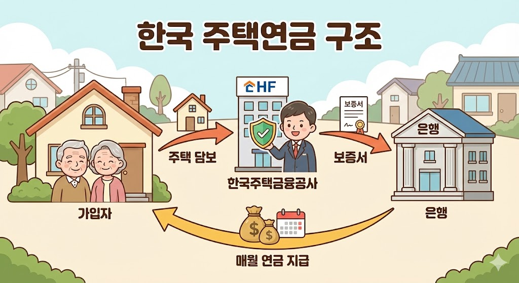 한국주택연금구조 : 가입자, 한국주택금융공사, 은행 세 주체가 연결되어 연금이 지급되는 구조를 표현한 카툰 일러스트