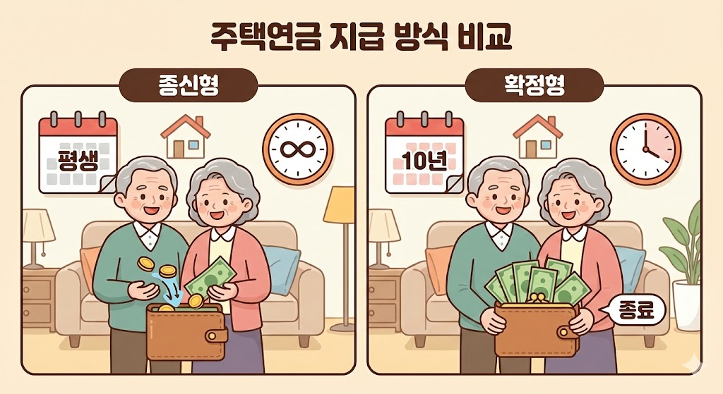 달력과 지갑, 시계를 이용해 종신형과 확정형의 차이를 보여주는 카툰 일러스트