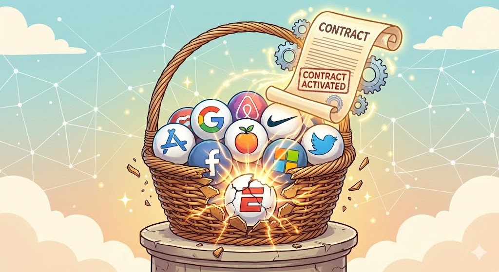 여러 개의 기업 로고가 담긴 바구니 중 하나가 깨지면서 전체 계약이 발동되는 개념 일러스트