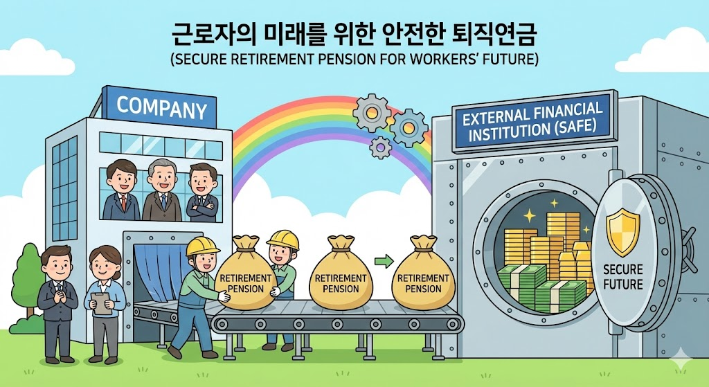 근로자의 미래를 위한 안전한 퇴직연금 : 회사가 근로자의 돈을 안전한 외부 금고(금융기관)로 옮기는 모습을 표현한 카툰 일러스트