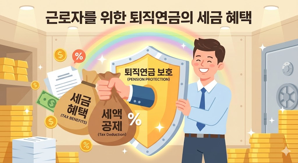 근로자가 안전한 방패 뒤에서 세금 혜택을 받으며 웃는 카툰 일러스트