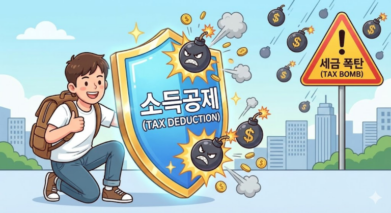 청년형 소득공제 정기펀드 : 세금 폭탄이 떨어지는데 소득공제라는 방패로 막아내는 청년의 카툰 일러스트