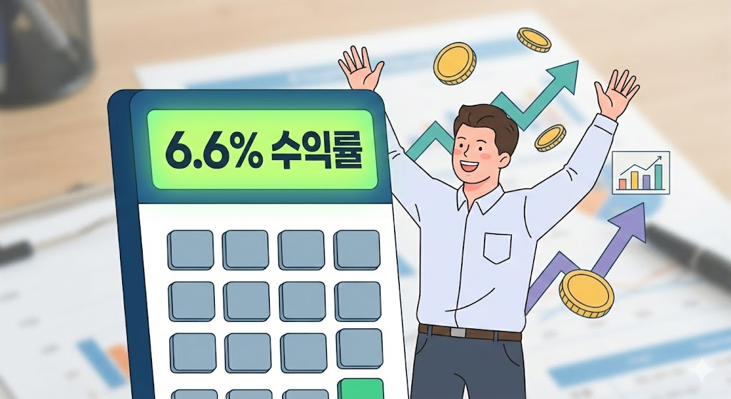 계산기 화면에 6.6% 수익률이 찍혀 있고 기뻐하는 투자자의 카툰 일러스트