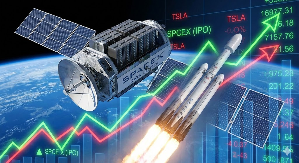 지구 궤도를 도는 데이터 센터 위성과 스페이스X 로켓 발사 장면, 그리고 주식 차트가 오버랩된 이미지