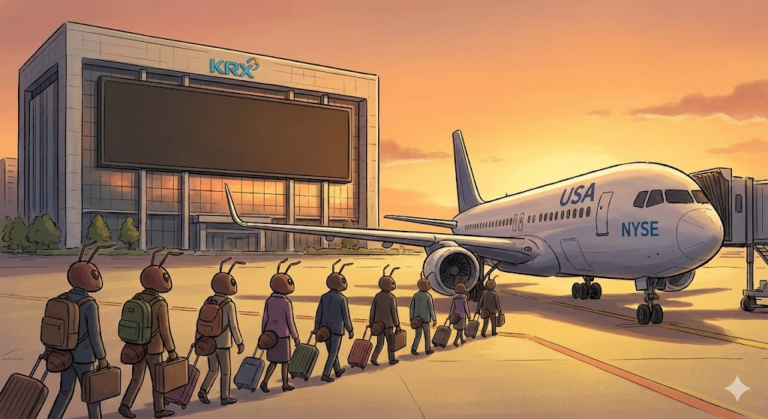 텅 빈 한국 증시 거래소 전광판을 뒤로하고 비행기(미국행)를 타러 가는 개미들의 뒷모습 일러스트.
