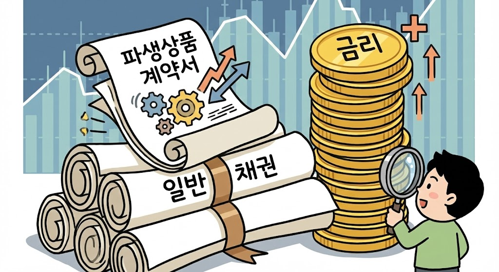 신용연계채권 CLN : 일반 채권 위에 파생상품 계약서가 얹혀져 있고 금리 동전이 더 높게 쌓여 있는 이미지