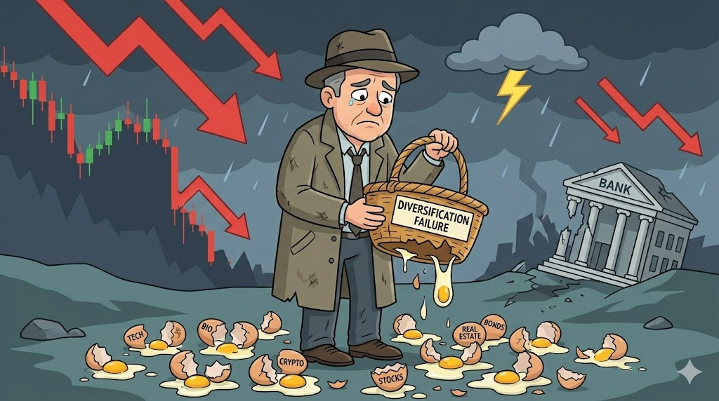 분산 투자 : 깨진 계란 바구니를 들고 있는 투자자 일러스트