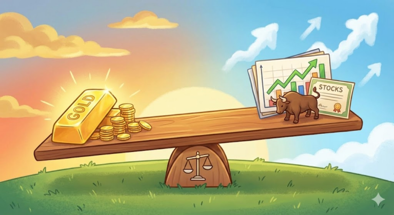 주식과 금의 상관관계 : 주식과 금이 균형을 이루고 있는 시소 일러스트