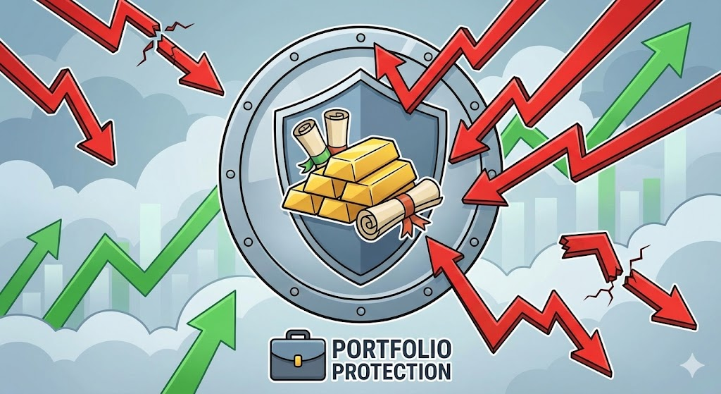 상관관계 : 하락장 화살을 막아주는 금과 채권 방패 일러스트