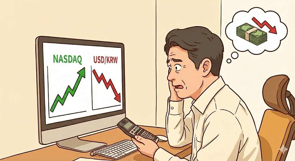 주가는 오르지만 환율 하락으로 자산이 줄어 당황하는 투자자