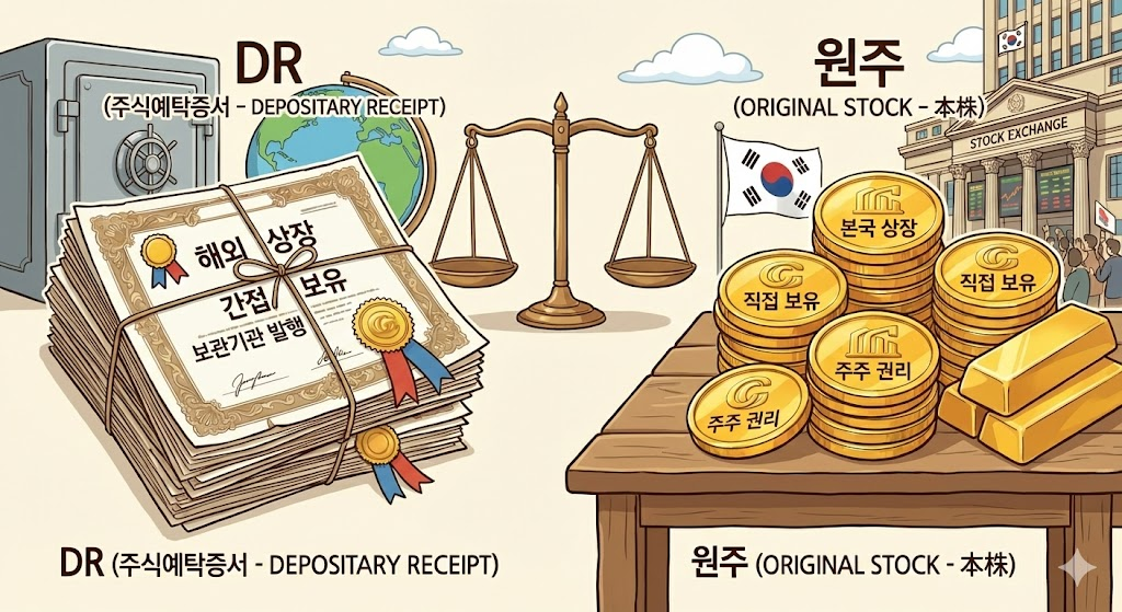종이 증서인 DR과 금화인 원주를 비교하는 일러스트