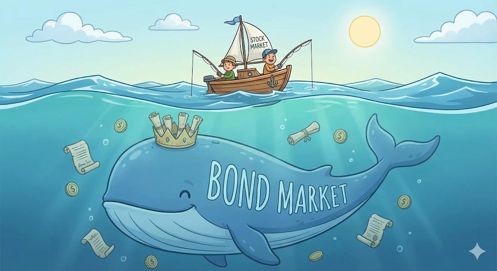 국제채권 시장 : 주식 시장이라는 작은 배 아래 거대한 고래인 채권 시장이 헤엄치는 일러스트