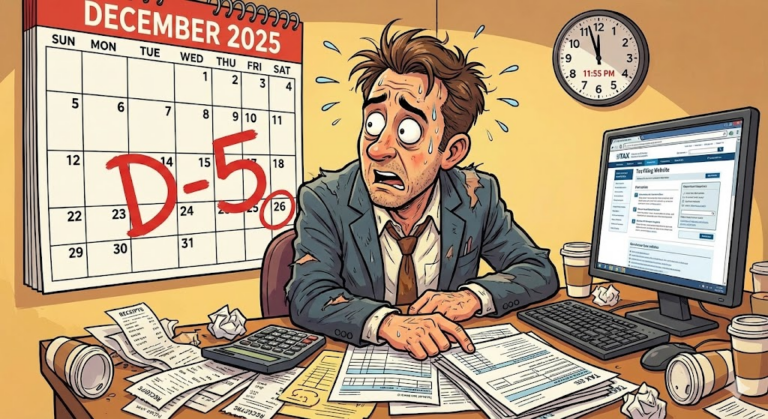 달력을 보며 다급하게 연말정산을 준비하는 직장인 일러스트