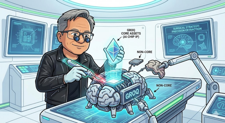 그록 Groq의 핵심 자산만 정밀하게 추출해내는 젠슨 황의 외과수술적 전략 일러스트