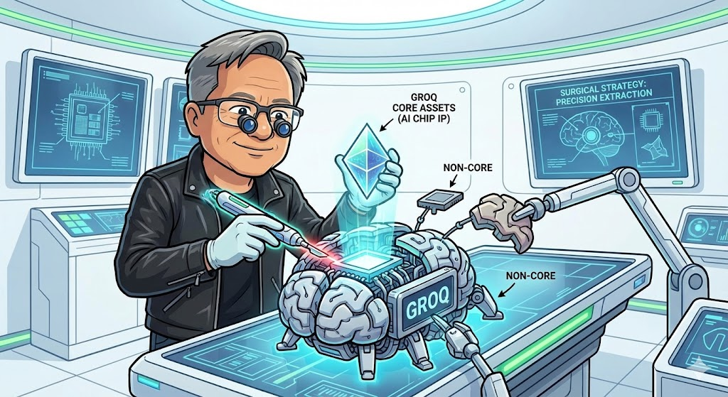 그록 Groq의 핵심 자산만 정밀하게 추출해내는 젠슨 황의 외과수술적 전략 일러스트