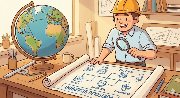 해외투자 포트폴리오 : 지구본을 배경으로 포트폴리오 설계도를 보는 건축가 일러스트