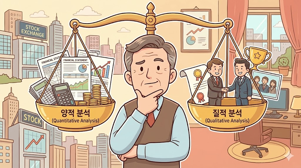 기본적 분석 : 한쪽에는 복잡한 재무제표와 계산기가 놓여있고, 다른 한쪽에는 경영진의 악수 장면과 특허 증명서가 놓여있는 저울의 균형을 맞추고 있는 투자자의 모습.