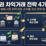 채권 차익거래 전략 4가지: 발행 시장 차익거래, 수익률 곡선 전략 등을 설명하는 인포그래픽 썸네일입니다. 상단에는 &#039;채권 차익거래 전략 4가지&#039;라는 큰 제목과 &#039;발행 시장 차익거래, 수익률 곡선 전략 등&#039;이라는 부제가 있습니다. 그 아래 4개의 파란색 패널이 차례로 배치되어 각 전략을 설명합니다.